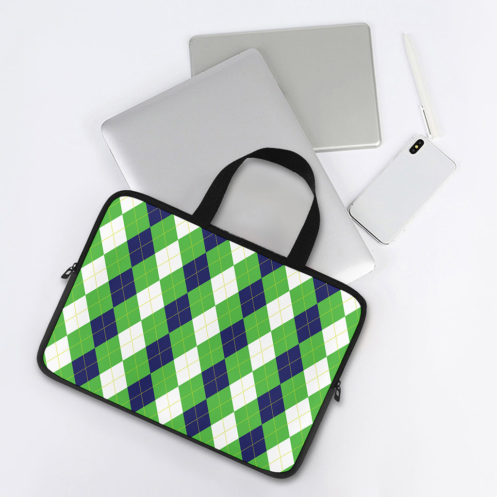 White Navy And Green Argyle Print Laptop Sleeve With Handle