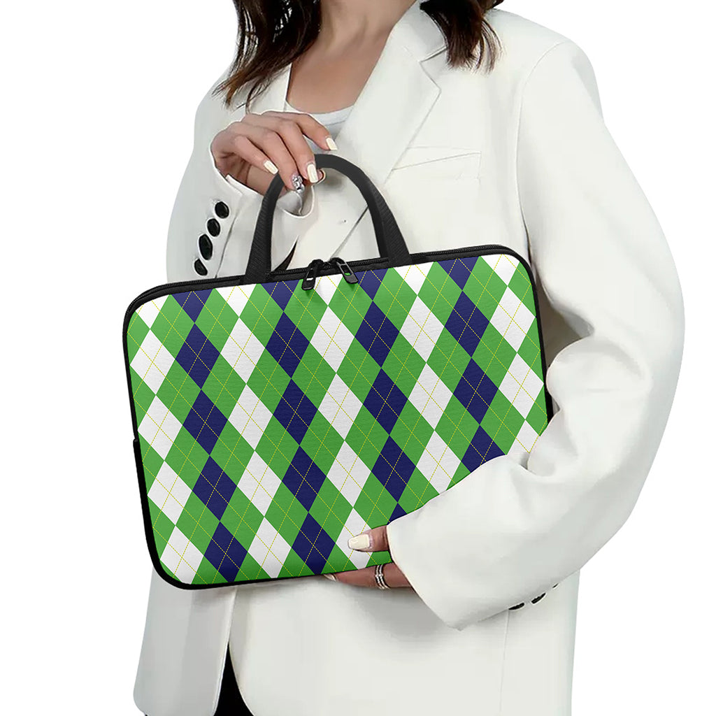 White Navy And Green Argyle Print Laptop Sleeve With Handle