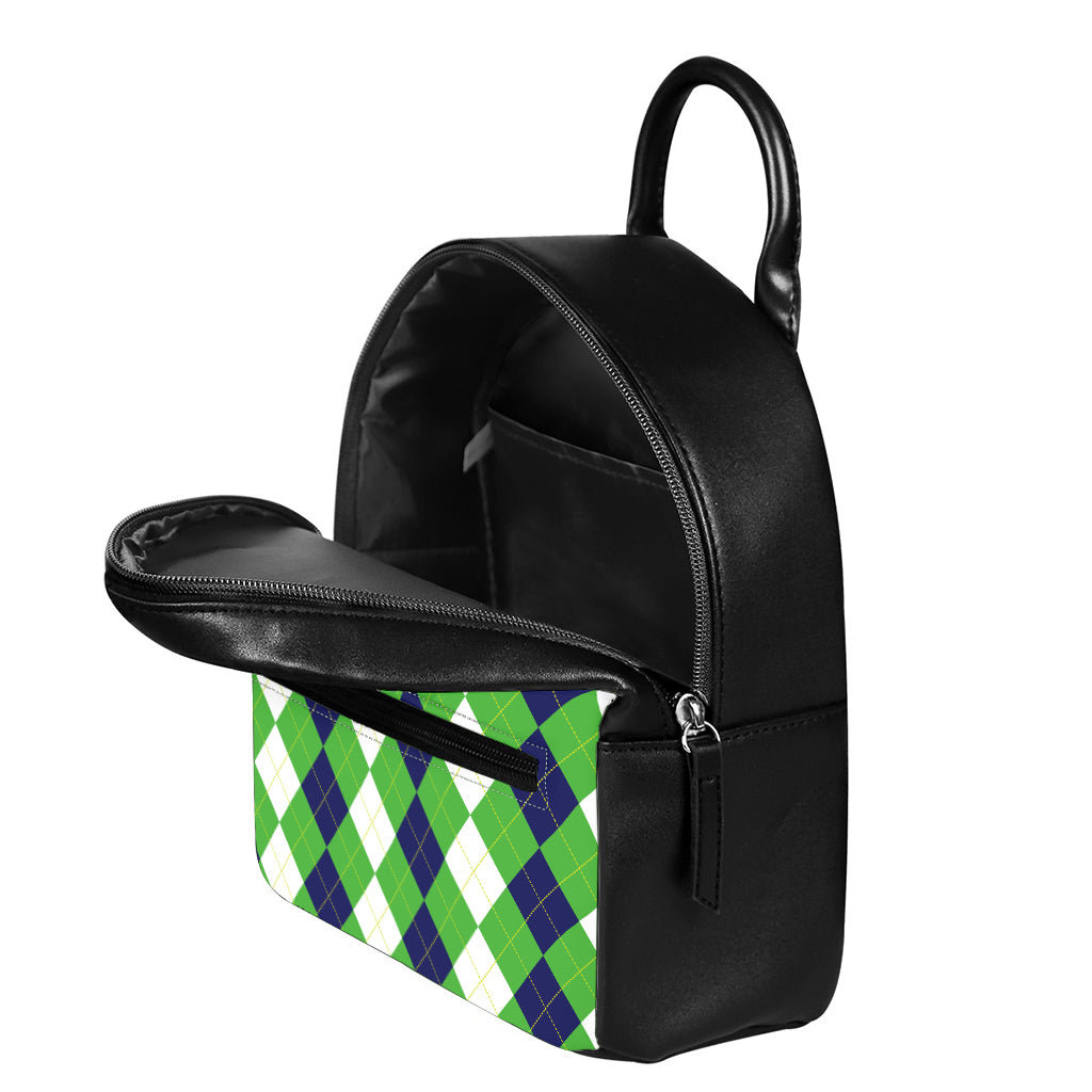 White Navy And Green Argyle Print Leather Backpack