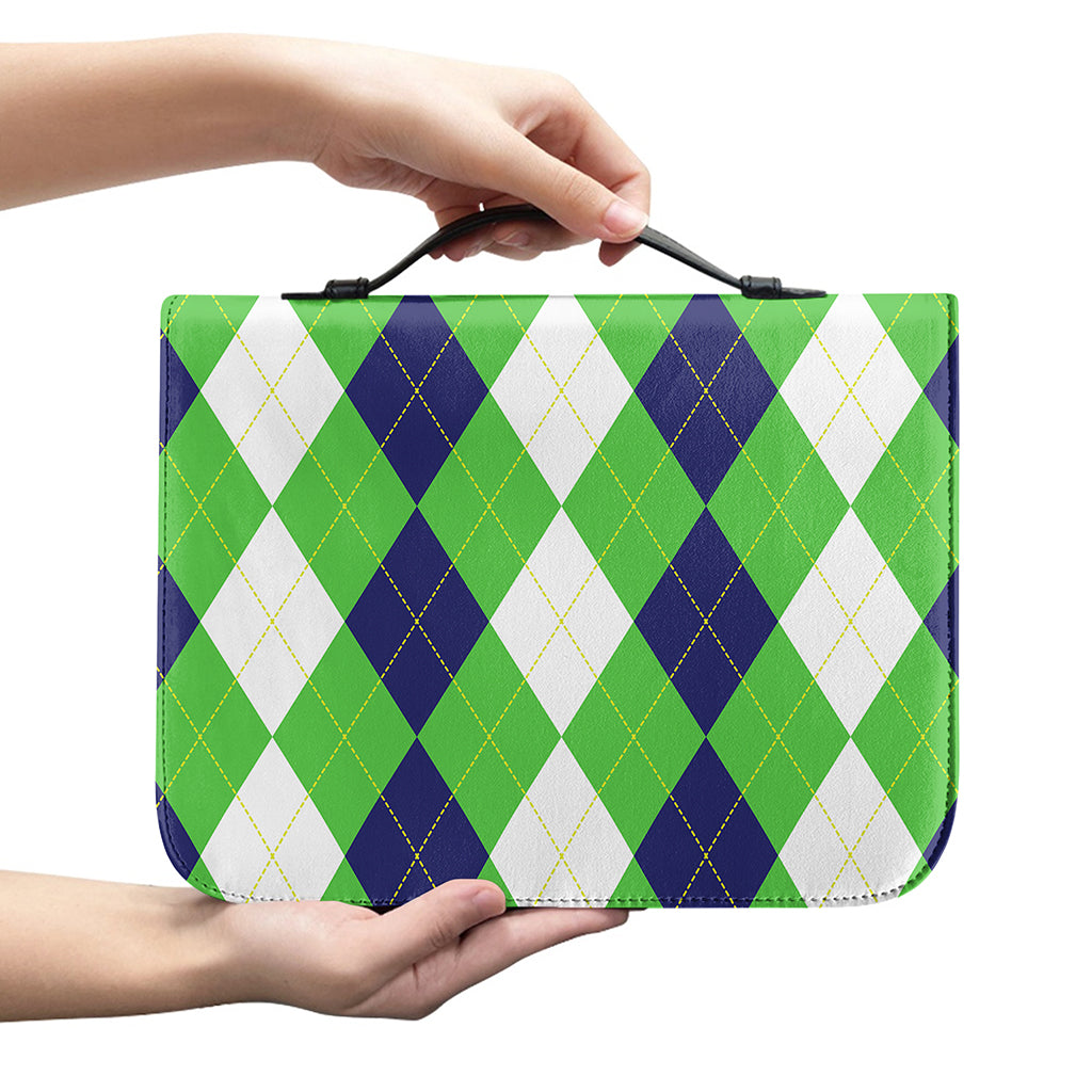 White Navy And Green Argyle Print Leather Bible Cover