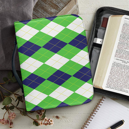 White Navy And Green Argyle Print Leather Bible Cover