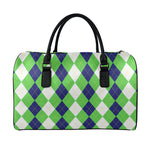 White Navy And Green Argyle Print Leather Duffle Bag