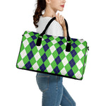 White Navy And Green Argyle Print Leather Duffle Bag