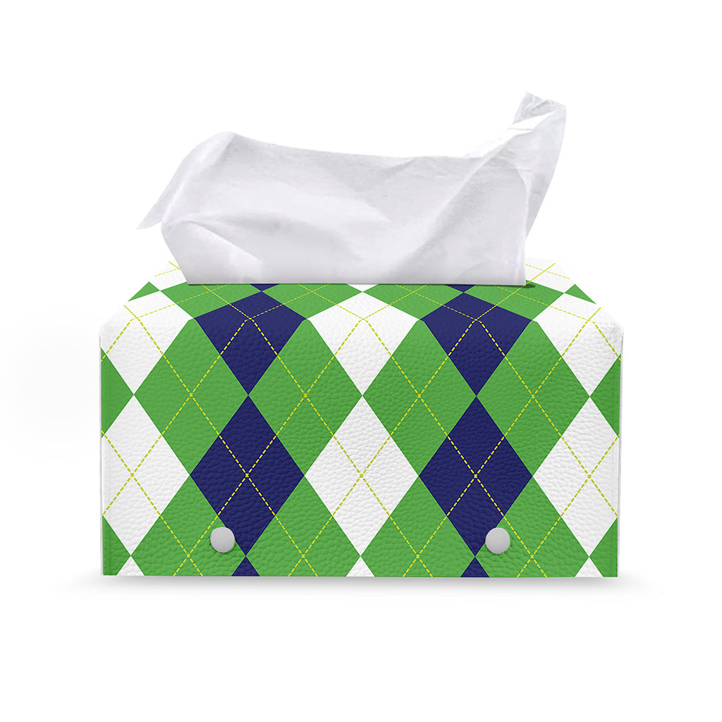 White Navy And Green Argyle Print Leather Tissue Box Cover