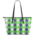 White Navy And Green Argyle Print Leather Tote Bag With Zipper