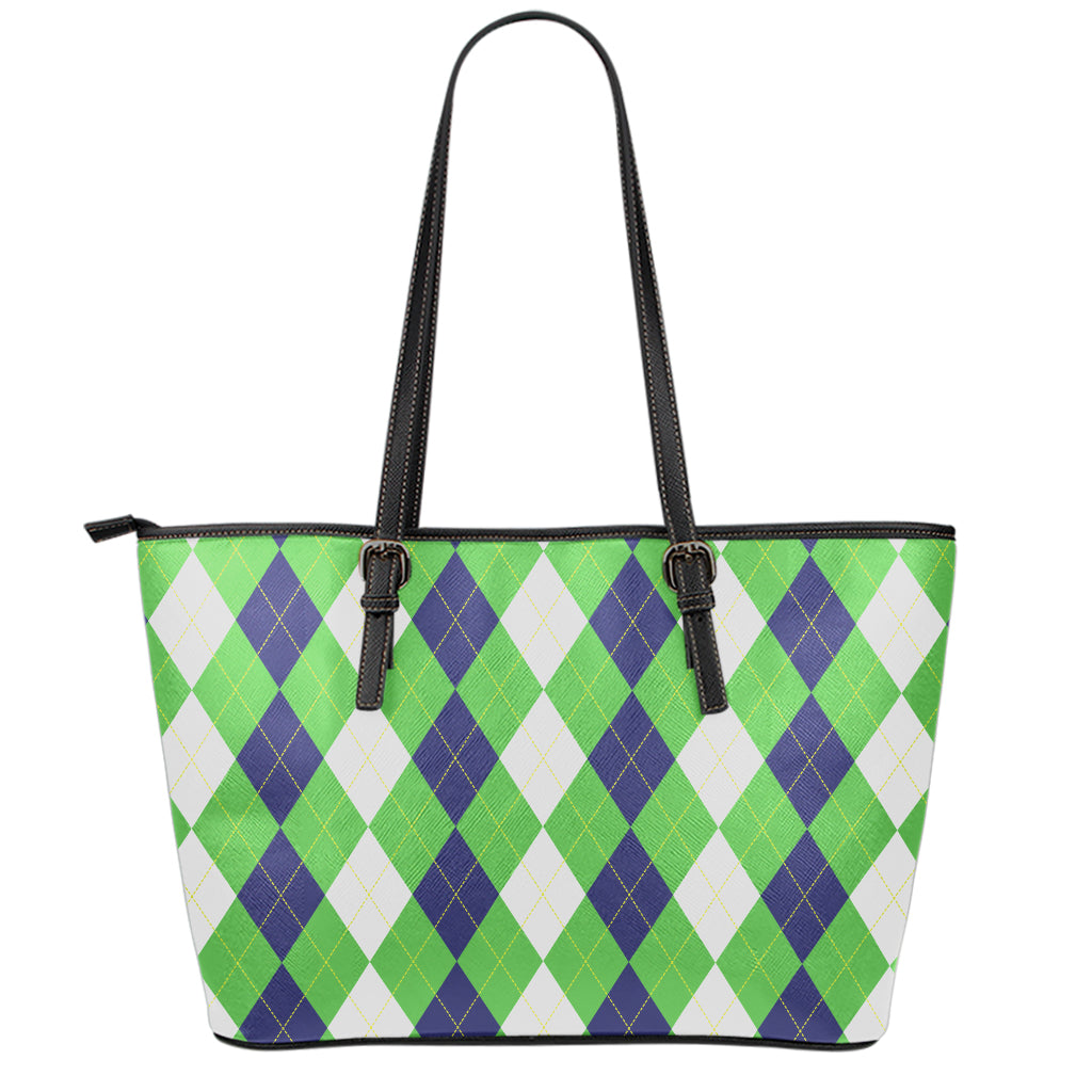 White Navy And Green Argyle Print Leather Tote Bag