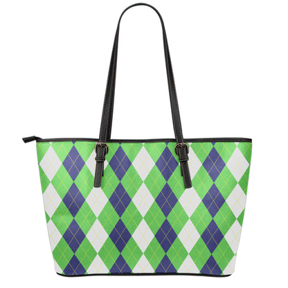 White Navy And Green Argyle Print Leather Tote Bag