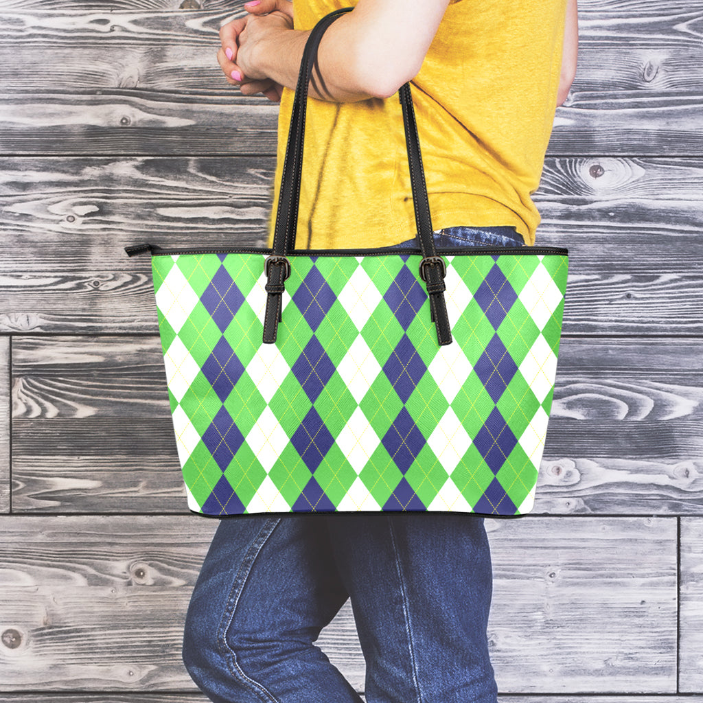 White Navy And Green Argyle Print Leather Tote Bag