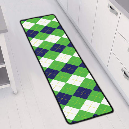 White Navy And Green Argyle Print Long Kitchen Mat
