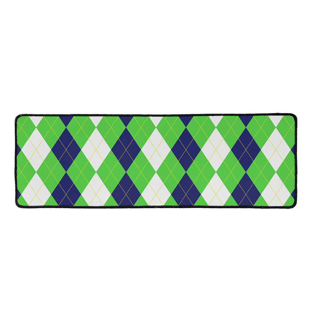 White Navy And Green Argyle Print Long Kitchen Mat