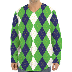 White Navy And Green Argyle Print Long Sleeve Baseball Jersey