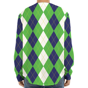 White Navy And Green Argyle Print Long Sleeve Baseball Jersey