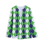 White Navy And Green Argyle Print Long Sleeve Short Coat