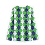White Navy And Green Argyle Print Long Sleeve Short Coat