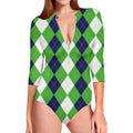 White Navy And Green Argyle Print Long Sleeve Swimsuit