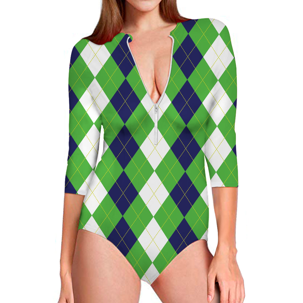 White Navy And Green Argyle Print Long Sleeve Swimsuit