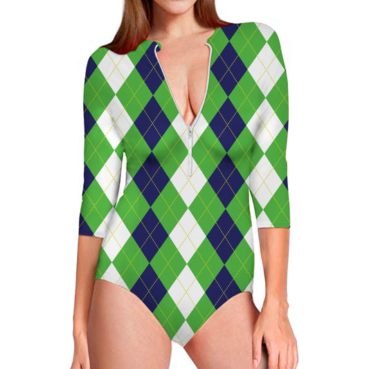 White Navy And Green Argyle Print Long Sleeve Swimsuit