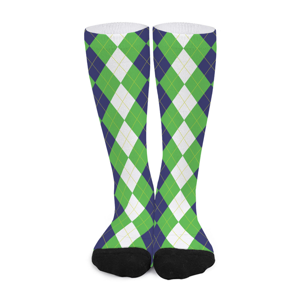 White Navy And Green Argyle Print Long Socks