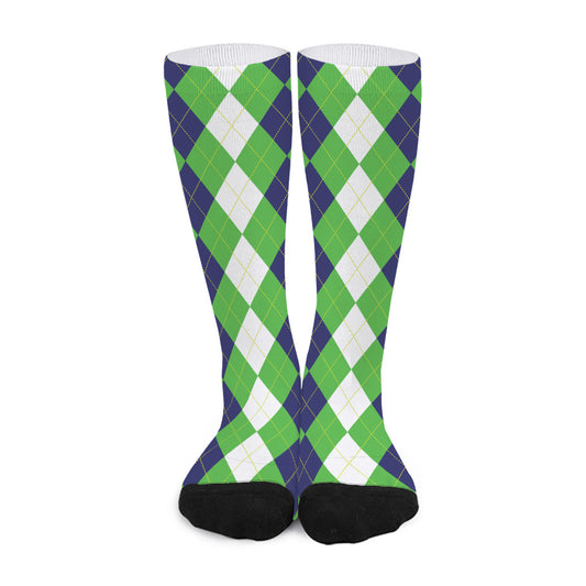 White Navy And Green Argyle Print Long Socks