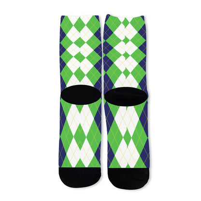 White Navy And Green Argyle Print Long Socks