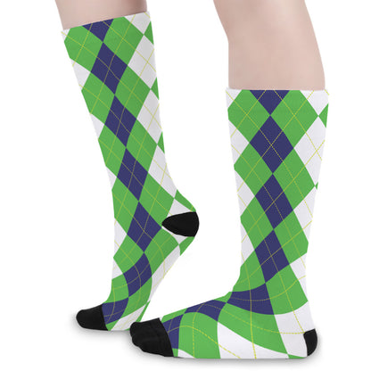 White Navy And Green Argyle Print Long Socks