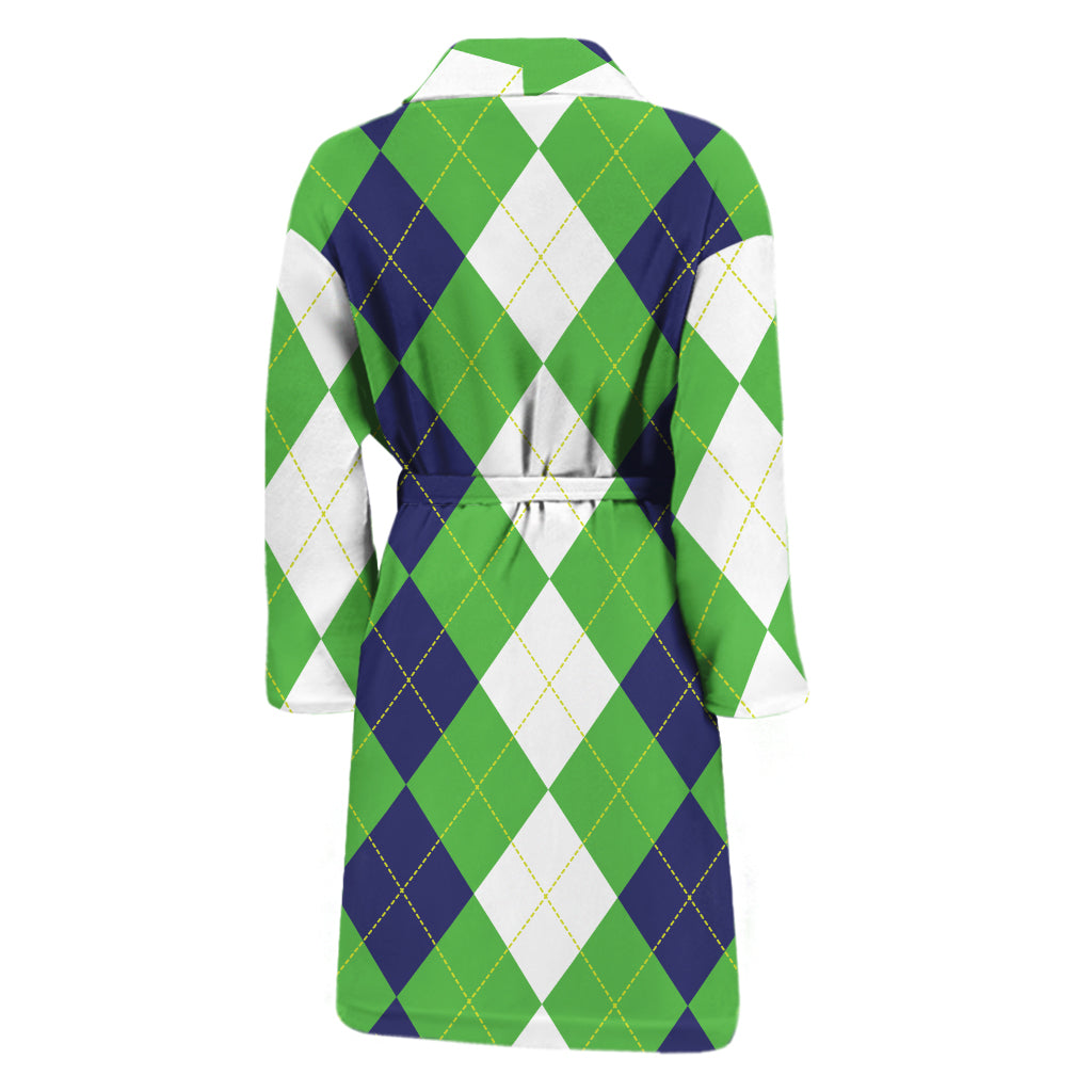 White Navy And Green Argyle Print Men's Bathrobe