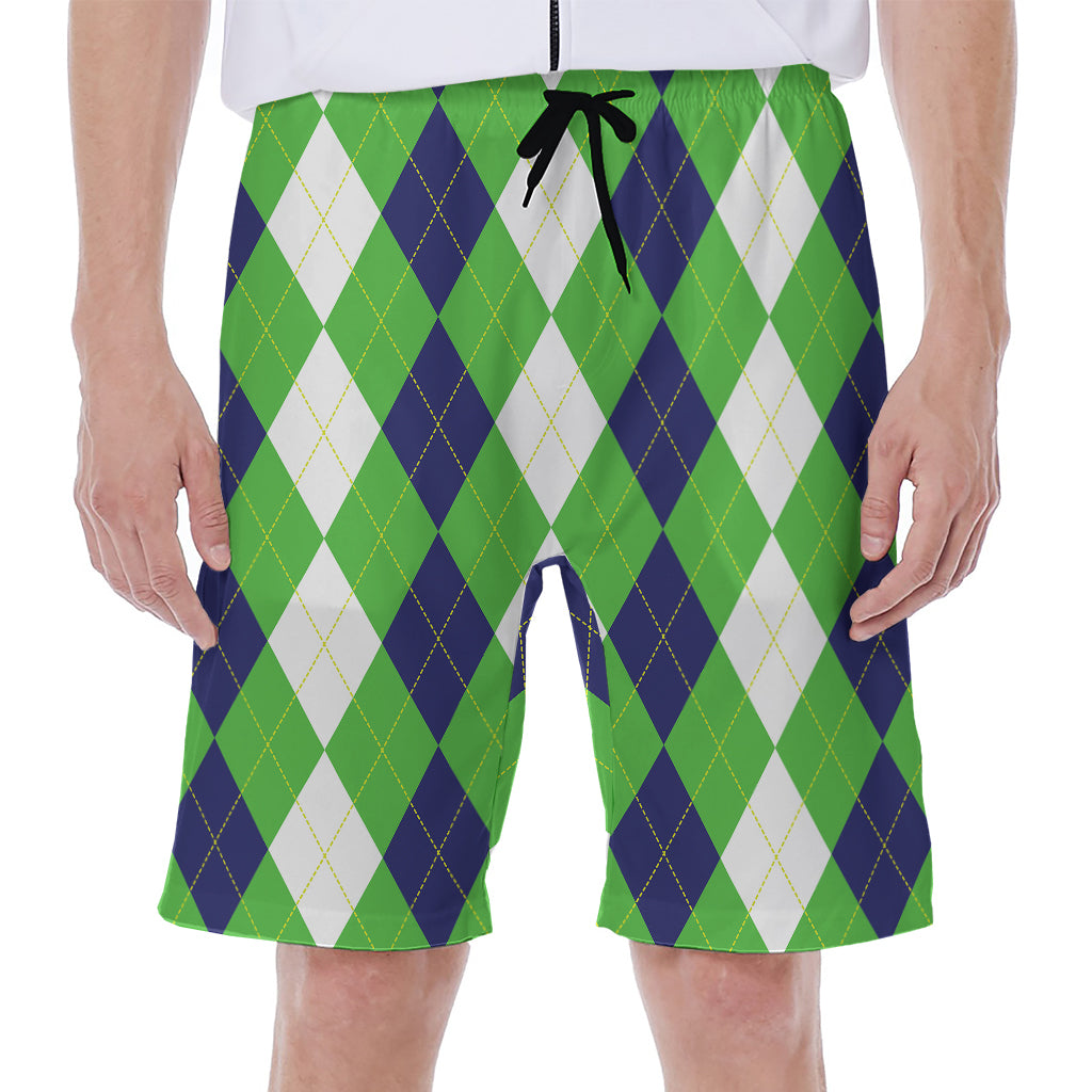 White Navy And Green Argyle Print Men's Beach Shorts