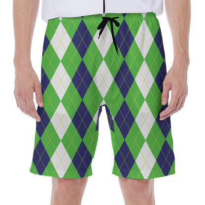 White Navy And Green Argyle Print Men's Beach Shorts