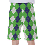 White Navy And Green Argyle Print Men's Beach Shorts