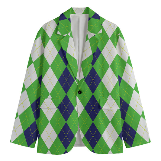 White Navy And Green Argyle Print Men's Blazer