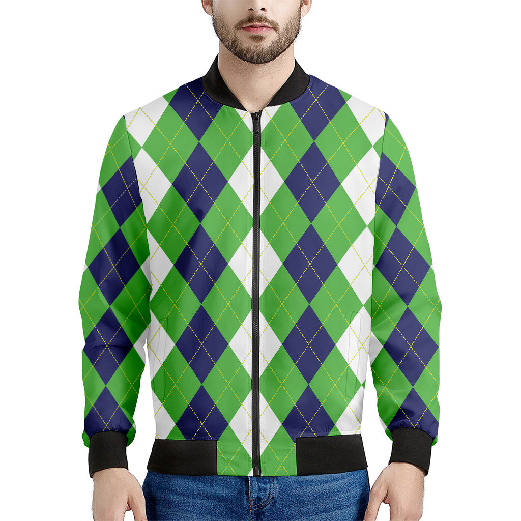 White Navy And Green Argyle Print Men's Bomber Jacket