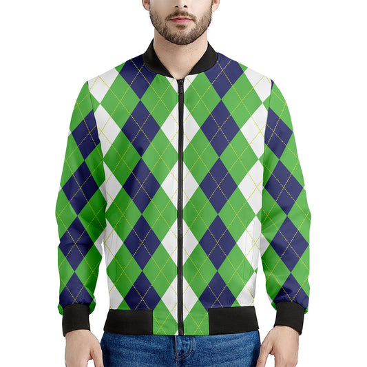 White Navy And Green Argyle Print Men's Bomber Jacket