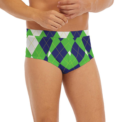 White Navy And Green Argyle Print Men's Briefs