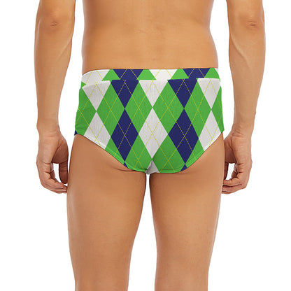 White Navy And Green Argyle Print Men's Briefs