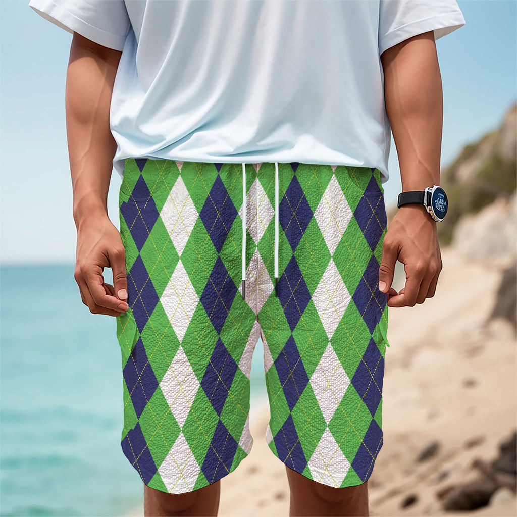 White Navy And Green Argyle Print Men's Cargo Shorts