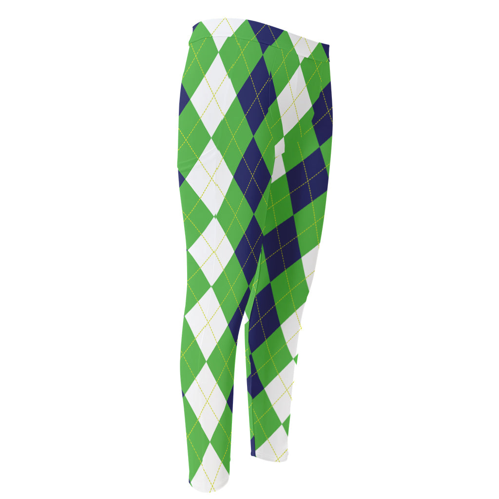 White Navy And Green Argyle Print Men's Compression Pants