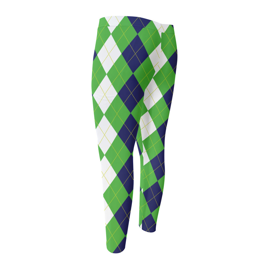 White Navy And Green Argyle Print Men's Compression Pants