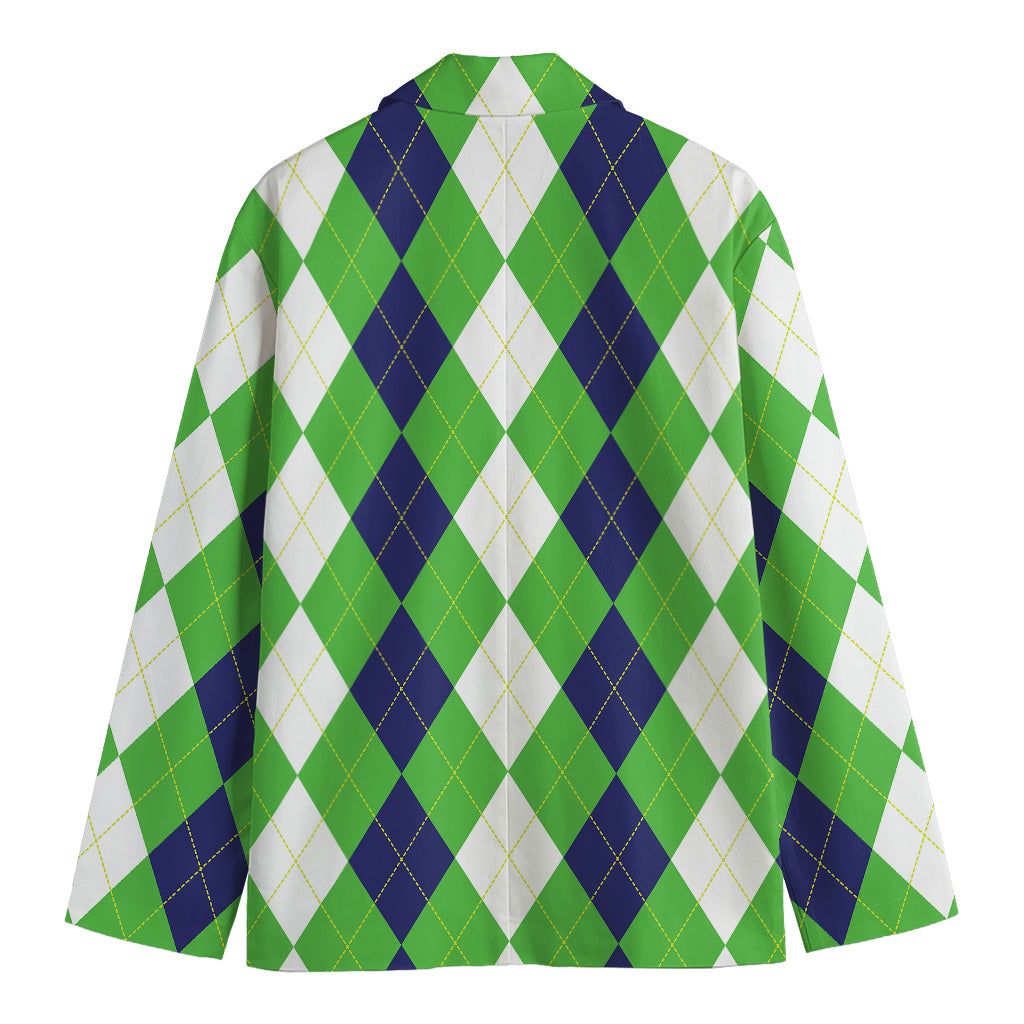 White Navy And Green Argyle Print Men's Cotton Blazer