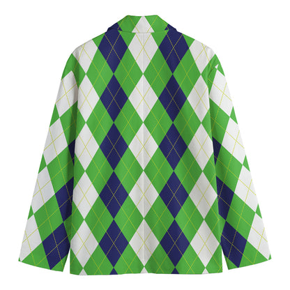 White Navy And Green Argyle Print Men's Cotton Blazer
