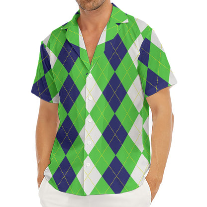 White Navy And Green Argyle Print Men's Deep V-Neck Shirt