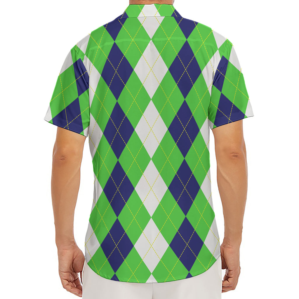 White Navy And Green Argyle Print Men's Deep V-Neck Shirt