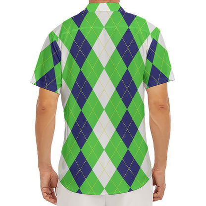 White Navy And Green Argyle Print Men's Deep V-Neck Shirt