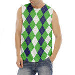 White Navy And Green Argyle Print Men's Fitness Tank Top
