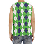 White Navy And Green Argyle Print Men's Fitness Tank Top