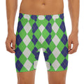 White Navy And Green Argyle Print Men's Long Boxer Briefs