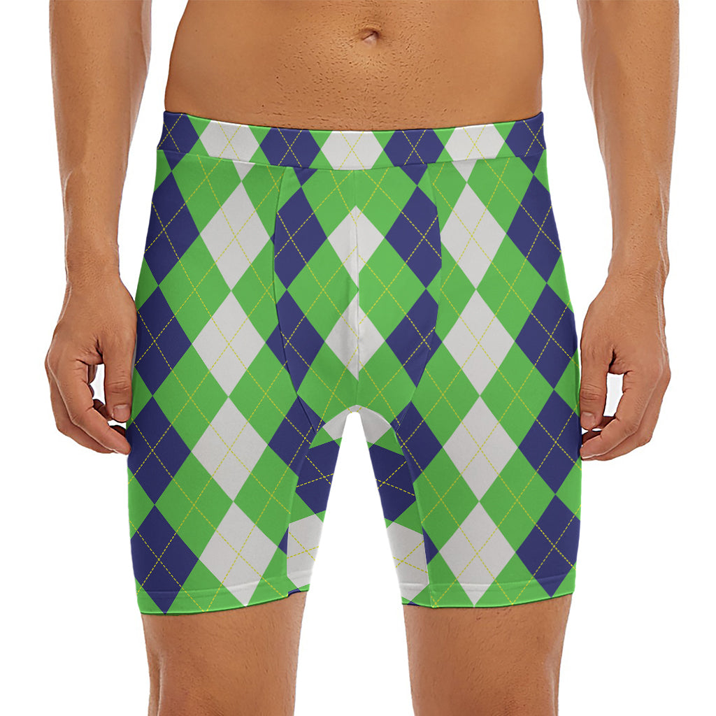 White Navy And Green Argyle Print Men's Long Boxer Briefs