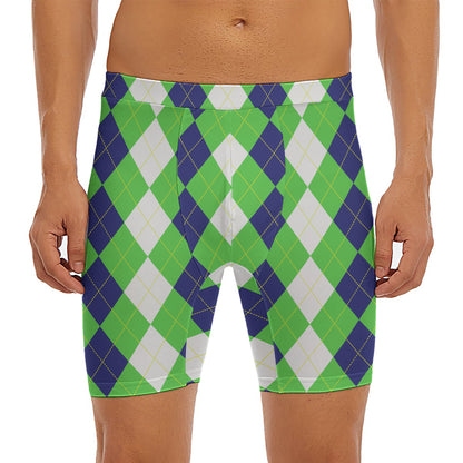 White Navy And Green Argyle Print Men's Long Boxer Briefs