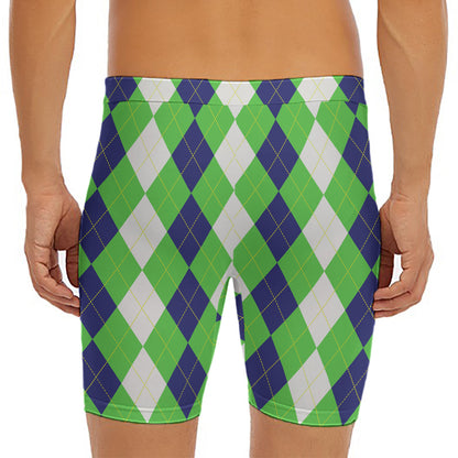 White Navy And Green Argyle Print Men's Long Boxer Briefs