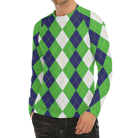 White Navy And Green Argyle Print Men's Long Sleeve Rash Guard