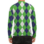 White Navy And Green Argyle Print Men's Long Sleeve Rash Guard
